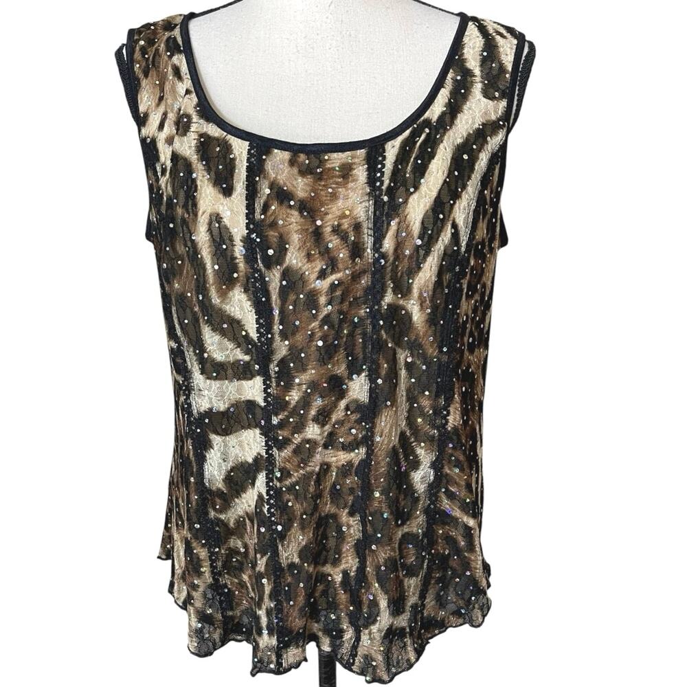 VTG Y2K Leopard Print Rhinestone Sheer Mesh Overlay Tank Top Large Indie Sleaze